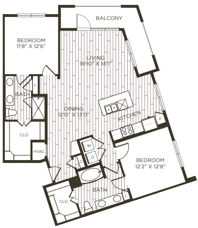 2 bedroom 2 bathroom floor plan D at Station at Old Town, Texas, 75057